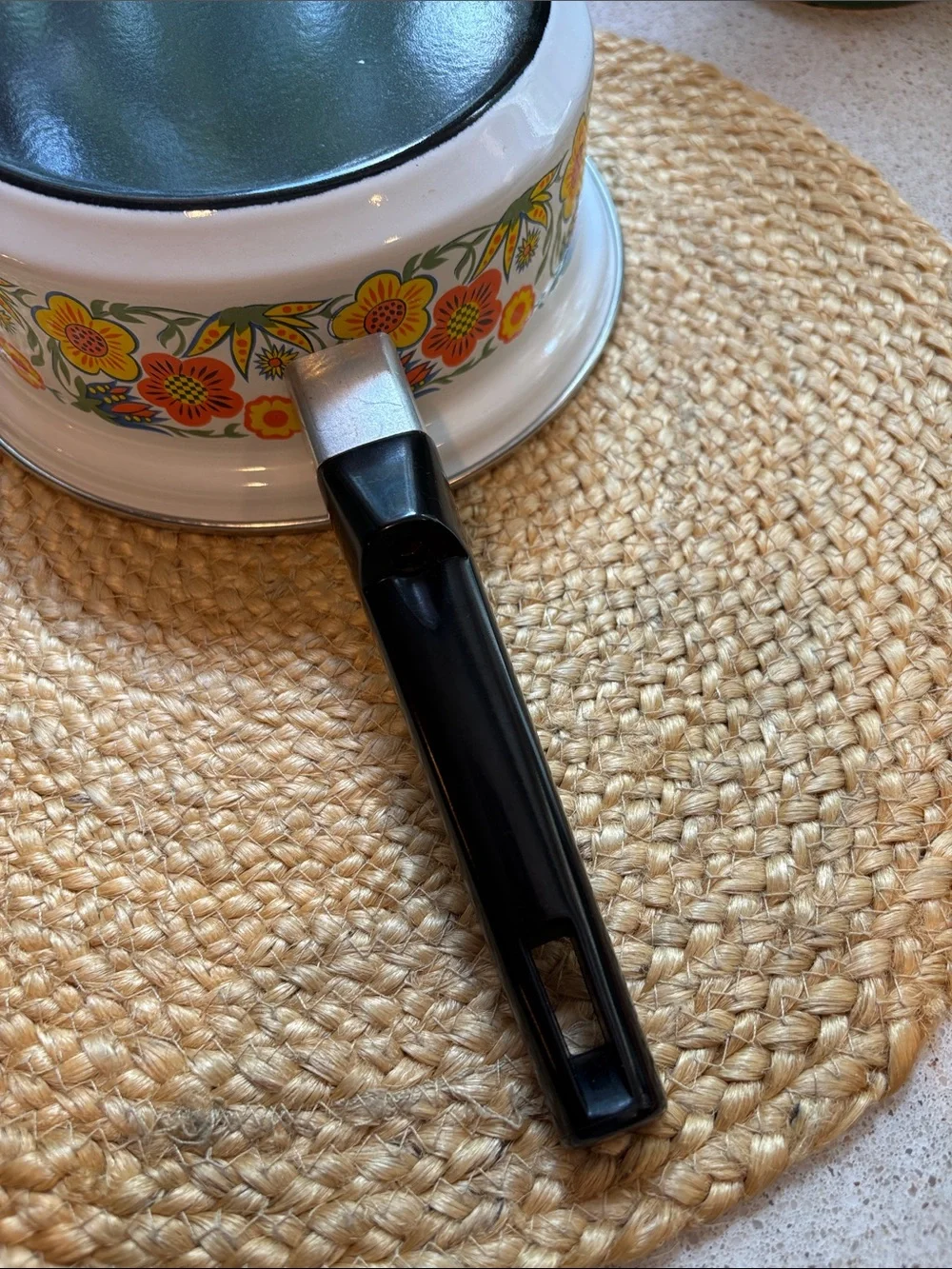 Vintage 1970s Enamelware Saucepan/Pot Flower Power
